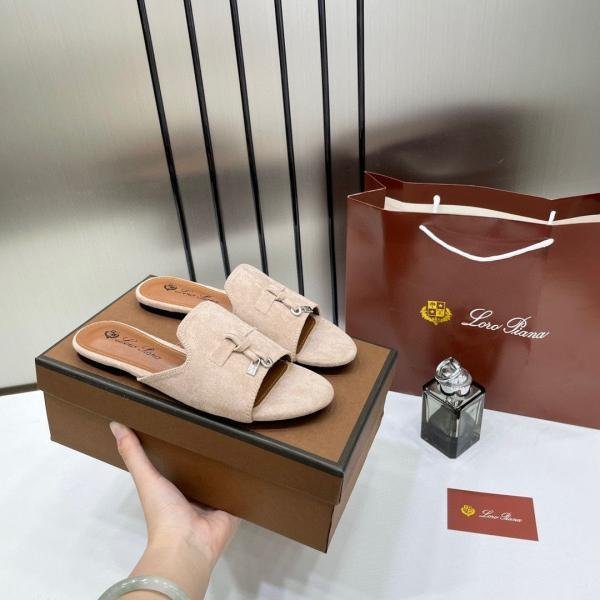 Loro Piana Summer Charms Apricot suede Flat Slides For Her With OG Box Apricot