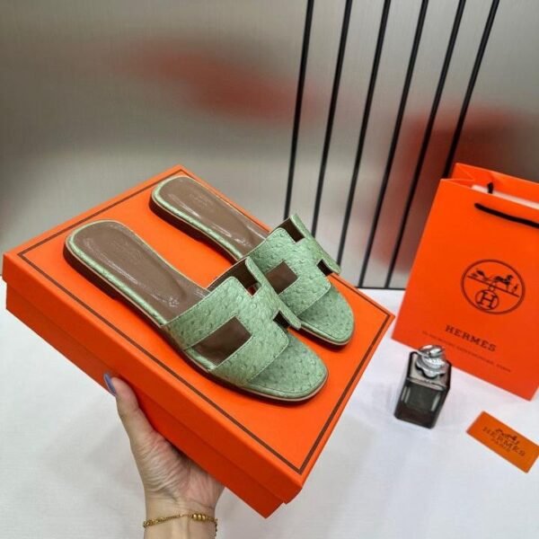 Hermes Paris Oran Flats For Her With OG Box & Carry Bag Green Slide H38