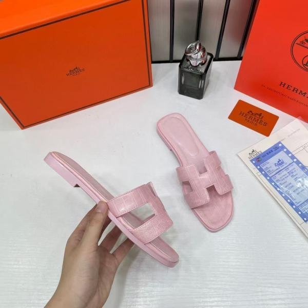 Hermes Paris Oran Flats For Her With OG Box & Carry Bag Light Pink Slide H38-13