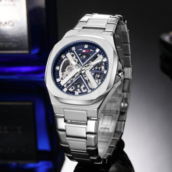 Tommy_ Hilfiger Automatic Skeleton Silver Blue - J1038