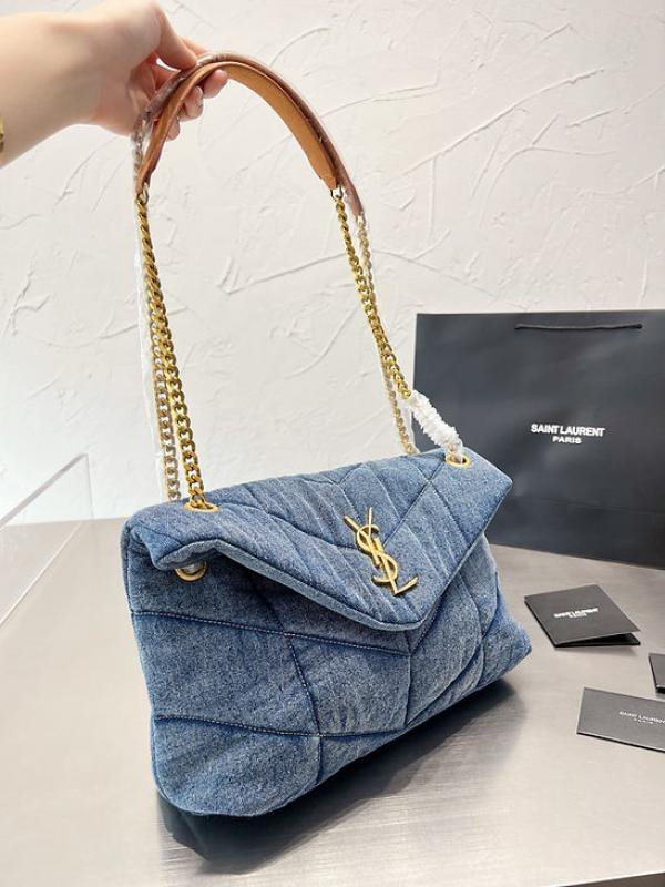 Ysl Saint Laurent Puffer Denim Shoulder Bag With OG Box & Dust Bag 6042 Denim