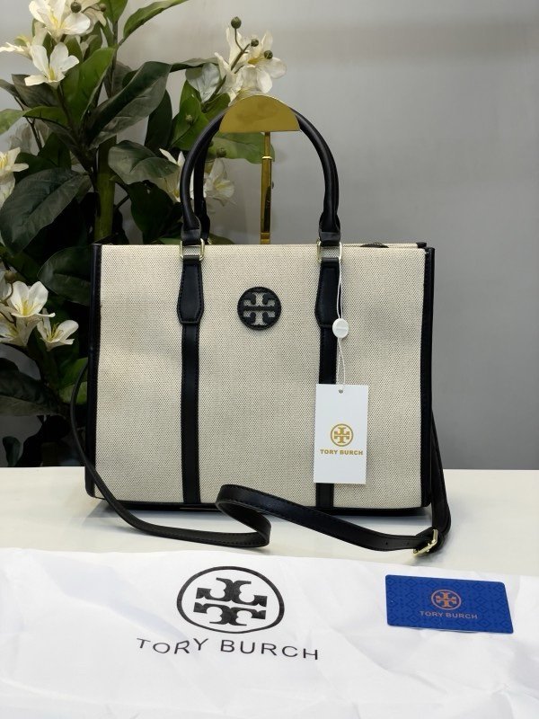Tory Burch Blake Canvas Tote With Dust Bag TB608 Apricot Black