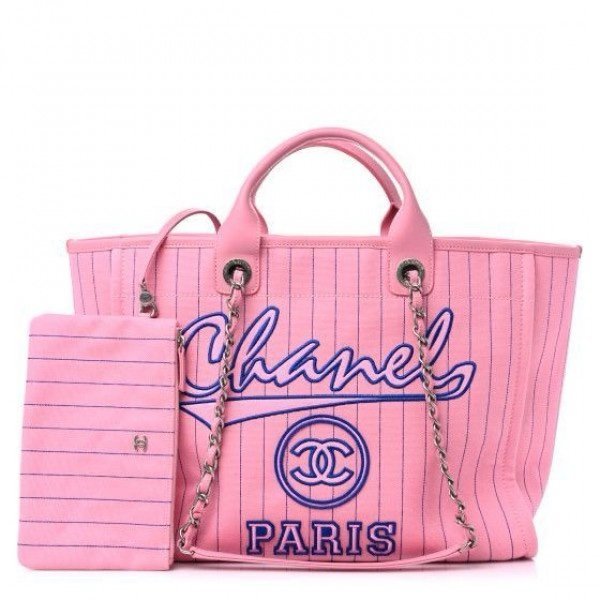 CHANEL PARIS STRIPED PINK REMUIM TOTE BAG