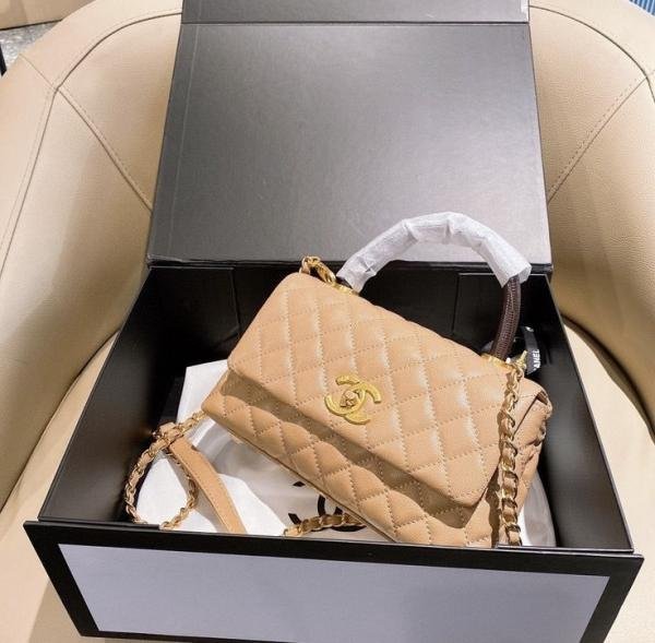 CHANE.L KHAKHI SHINY PREMIUM LEATHER TOP HANDLE WITH OG BOX & LABUBU DOLL FREE GIFT