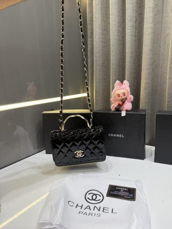 CHANE.L BLACK SHINY PREMIUM LEATHER TOP HANDLE WITH OG BOX & LABUBU DOLL FREE GIFT