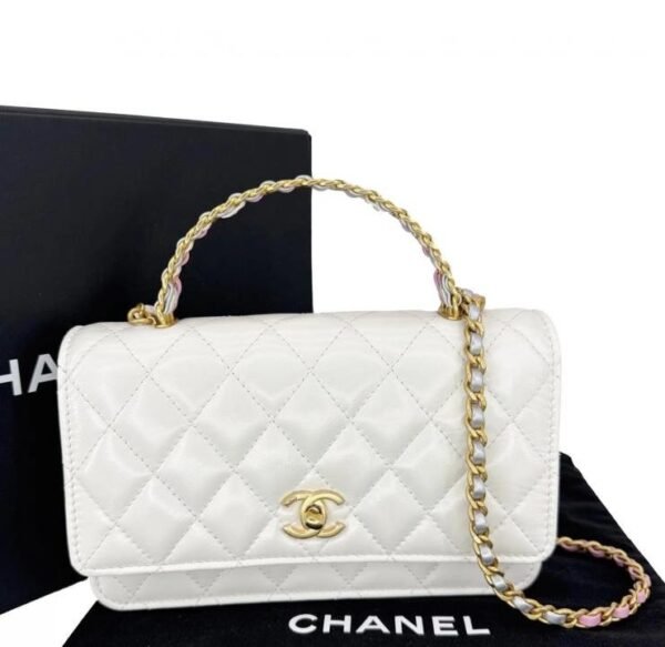 CHANE.L WHITE SHINY PREMIUM LEATHER TOP HANDLE WITH OG BOX & LABUBU DOLL FREE GIFT