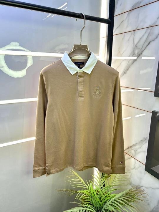 Tommy_Hilfiger Beige Polo Neck Full Sleeves Premium Collar T-shirt F3399-BE